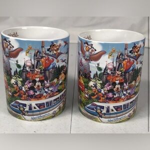 Pair of Walt Disney World Multicolor Character Collage Ceramic Mugs